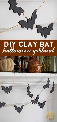 the diy clay bat halloween garland is hanging from a mantle