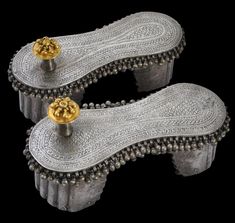 Paduka Sandals, Bata Shoes, Indian Handicrafts, Silver Bells, Silver Pin, Wooden Base, Gold And Silver