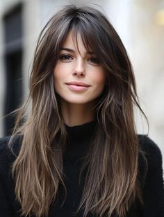 Hair With Long Fringe, Shaggy Long Bangs, Best Mom Hairstyles, Long Shaggy Haircut For Fine Hair, Shag Curtain Bangs Long Hair, Sweeping Bangs Long Hair, Long Hair With Thick Bangs, Hair Volume Styles, Side Bangs Thick Hair