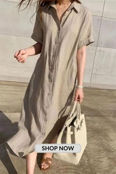 Summer Fashion Loose Lapel Tunic Short Sleeve Shirt Casual Dress Short Sleeve Shirt Dress, Linen Dress Women, Cotton Linen Dresses, Linen Shirt Dress, Short Sleeve Dress Shirt, Short Sleeve Maxi Dresses, Minimalist Dresses, Spring Outfits Women, Khaki Dress