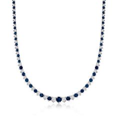 Ross-Simons - 8.75ct t.w. Sapphire, 1.50ct t.w. Diamond Tennis Necklace. 18". Indulge in the luxury of sapphires and diamonds at an affordable price! This magnificent tennis necklace features 8.75 ct. t.w. round sapphires illuminated by 1.50 ct. t.w. round brilliant-cut diamonds in polished sterling silver. Graduates from 1/16" to 3/16" wide. Single-latch safety. Push-button clasp, diamond and sapphire tennis necklace. Diamond birthstones are the perfect gift for April birthdays. Luxury Sapphire Necklace With Brilliant Cut, Classic Blue Diamond Necklace With 17 Jewels, Blue Diamond Cut Necklace For Anniversary, Formal Cubic Zirconia Tennis Necklace With Gemstones, Luxury Sapphire Necklace With Diamond, Formal Sapphire Diamond Necklace In Fine Jewelry Style, Sapphire Diamond Necklace For Formal Occasions, Formal Sapphire Necklace With Diamond Accents, Formal Sapphire Diamond Necklace