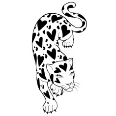 a black and white drawing of a leopard with hearts on it's back legs