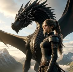 a woman standing next to a dragon on top of a mountain