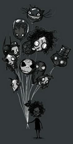 a bunch of cartoon characters holding balloons with faces drawn on them, all in black and white