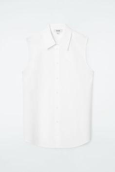 The COS womenswear team play with unexpected silhouettes for this season's directional shirting. Cut from crisp white cotton-poplin, this sleeveless version has classic features on the front, from the pointed collar to the buttoned placket. Turn to the back and you'll find a dramatic open detail that overlaps at the nape.  Relaxed fitButton closure Shell: 100% Cotton. Excluding trims / Machine wash Back length of size XS/S is 28.74" / Model wears a size XS/S White Poplin Shirt For Summer, White Sleeveless Shirt For Daywear, White Sleeveless Shirt For Work, Classic White Sleeveless Blouse, Summer White Poplin Blouse, Timeless Knitwear, Trench Coat Dress, Striped Knitted Sweater, Mens Cardigan Sweater