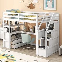 a white loft bed with desk underneath and drawers below the bottom bunk, in a child's bedroom