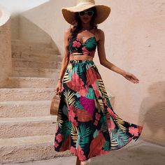 Boho Style Floral Two Piece Crop Top and Skirt Set – Boho Beach Hut Calf Release, Women Silhouette, Floral Print Maxi Skirt, Skirt Beach, Chiffon Style, Mid Calf Skirt, Crop Top Skirt Set, Bohemian Style Clothing, Maxi Rok