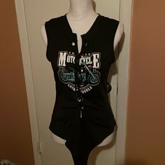 “Shein” Black Bodysuit! New- Only Tried On, Lace Up Front, Screenprint Motorcycle Themed, Sleeveless, 3-Snap Closure, Size Large, Please See Picture For Material Type! Edgy Sleeveless Bodysuit For Night Out, Bodysuit Y2k, Edgy Sleeveless Summer Bodysuit, Edgy Black Sleeveless Bodysuit, Casual Black Bodysuit With Graphic Print, Fitted Sleeveless Bodysuit With Graphic Print, Plus Size Body Suit, Black Fitted Punk Bodysuit, Black Rhinestone Bodysuit