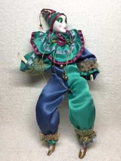 Clown Doll Jester Porcelain Head Blue Turquoise Outfit 18 Inches Long Nice Cond | eBay Vintage Jester Costume, Witch Boy Art, Jester Outfits, Old Dolls Vintage, Vintage Clown Doll, Clown Collection, Turquoise Outfit, Jester Doll, Blue Hair Dark