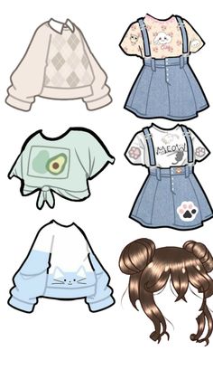 the paper doll is wearing different clothes and hair styles, including one with pigtails