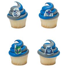 star wars cupcakes with blue frosting and decorations on them are shown in four different shapes