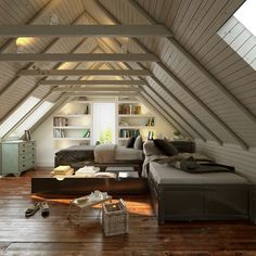 an attic bedroom with wooden floors and white walls