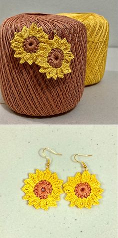 two pictures with yarn and sunflowers on them, one is made out of yarn