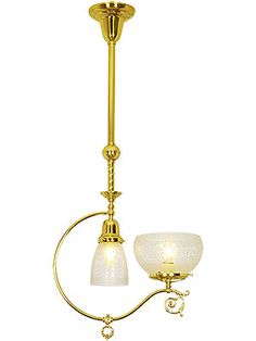 two light chandelier with white glass shades on the bottom and gold metal arms