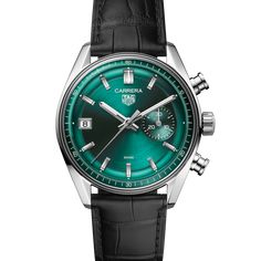 TAG Heuer Carrera Luxury Formal Chronograph Watch With Tachymeter, Luxury Chronograph Watch With Tachymeter, Luxury Automatic Chronograph Watch For Business, Luxury Formal Watch With Tachymeter, Modern Leather Watch With Polished Finish, Luxury Chronograph Business Watch, Classic Green Chronograph Watch With Chronometer, Luxury Green Chronograph Watch With Subdials, Classic Green Chronograph Watch