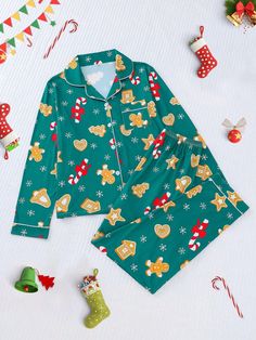 2pcs/Set Christmas Cookie Figurine Print Pajama Set For Women, Cozy Turndown Collar Long Sleeve Top And Loose Elastic Waist Pants, Holiday Party Sleepwear, Casual Outdoor & Homewear Green Cute,Casual-Young    Christmas,Plants,All Over Print,Food & Beverage Pant Sets Slight Stretch All Women Sleep & Lounge, size features are:Bust: ,Length: ,Sleeve Length: Matching Family Holiday Pajamas, Boys Christmas Pajamas, Family Holiday Pajamas, Mens Christmas Pajamas, Plus Lingerie, Christmas Pajama Set, Christmas Party Outfits, Navidad Diy, Womens Pyjama Sets