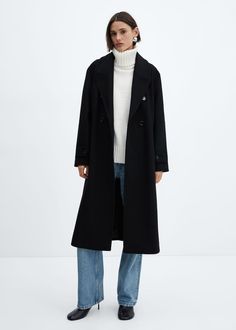 Oversize wool coat - Women | Mango USA Wool Coat Black, Oversized Wool Coat, Floral Chiffon Blouse, Geometric Knit, Long Black Coat, Wool Coat Women, Gathered Dress, Wool Blend Coat, Woolen Coat