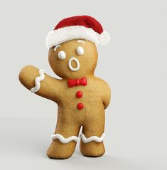 a gingerbread man wearing a santa hat and bow tie is standing in front of a gray background