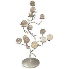 A unique modern style hand-forged wrought iron tree form centerpiece with 12 hand-polished rock crystal spheres in various sizes. Each rock crystal sphere are resting on individual small saucers throughout the centerpiece. The finish is imitation silver leaf. Fish Centerpiece, Modern Rock, Modern Centerpieces, Glass Centerpieces, Crystal Bowls, Bisque Porcelain, Centerpiece Bowl, Crystal Sphere, Abstract Sculpture