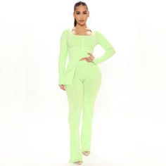 Pant Set, Long Sleeve, Cropped, Asymmetrical Hem, High Rise Pant, Flare Leg, Stretch. Lime Color Fitted Asymmetrical Sets For Spring, Chic Green Pant Set For Spring, Green Two-piece Pant Set For Spring, Green Pant Set For Spring, Spring Green Two-piece Pant Set, Spring Stretch Pantsuit For Night Out, Green Fitted Pantsuit For Night Out, Fitted Green Pantsuit For Night Out, Fitted Asymmetrical Pants For Spring