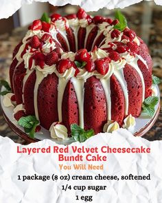 layered red velvet cheesecake bundt cake you will need 1 package 8 cream cheese, softened 1 / 4 cup sugar