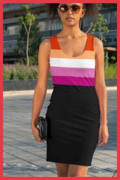 Beautiful sleeveless lesbian flag dress, soft and stretchy material, comfortable all day wear. Stunning looking bodycon style lesbian pride dress. Only available here. Click to see it now... Sleeveless Color Block Dress For Night Out, Trendy Black Bodycon Dress For Summer, Trendy Black Bodycon Summer Dress, Black Color Block Mini Dress For Spring, Black Color Block Tank Top For Summer, Spring Black Color Block Mini Dress, Fitted Chic Multicolor Tank Top, Chic Fitted Multicolor Tank Top, Fitted Sleeveless Striped Bodycon Dress