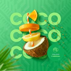 an advertisement for coco coconut with orange slices and sliced fruit on the inside of it