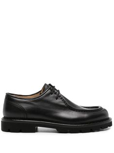 black calf leather panel detailing round toe front lace-up fastening leather lining branded insole rubber lug sole This piece comes complete with a protective dust bag. Leather Panel, Derby Shoes, Lug Sole, Lace Up Shoes, Calf Leather, Black Shoes, Derby, Shoes Mens, Dust Bag