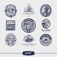 various logos and emblems for tea shops, including an image of a man with a hat