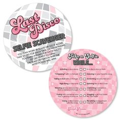 a pink and grey circular sticker with the words selfie scaver on it