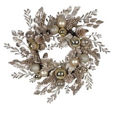 a wreath with ornaments hanging from it