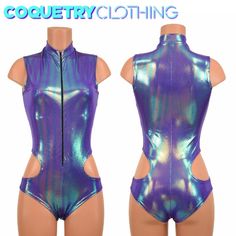 "This item is made to order, please read all the way through the listing before purchasing! This bodysuit is made of four way stretch spandex in super metallic gorgeous, dual chrome \"Moonstone\" color. It features a sleek black zipper in front. Sleeveless, short collar, and \"siren\" cut legs with hipnotic cut outs at both hips! Four way stretch for a figure forming fit. This bodysuit is unlined. Womens Sizing (See below for instructions on where measurements should be taken) XXS: Bust 29\"-30\ Metallic Stretch Sleeveless Bodysuit, Metallic Sleeveless Stretch Bodysuit, Metallic Fitted Sleeveless Bodysuit, Metallic Sleeveless Fitted Bodysuit, Fitted Sleeveless Rave Bodysuit, Sleeveless Rave Bodysuit, Purple Fitted Sleeveless Bodysuit, Fitted Sleeveless Purple Bodysuit, Spandex Catsuit