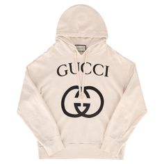 Gucci Cotton Logo Hoodie Unisex - Ivory coloured jersey hooded top with black logo printed wording and logo. 'GUCCI' 'GG'. Rrp £870 Size - L Condition - Very Good (A very small mark) Composition - Cotton Gucci Hoodie, Gucci Top, Hooded Top, Hooded Tops, Cotton Logo, Cream And Gold, Black Logo, Boutique Clothing, Sweater Hoodie