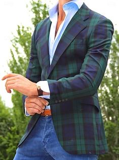 Men's Plaid Office Blazer Jacket Regular Tailored Fit Checkered Single Breasted Two-buttons Green 2024 2024 - $71.99 Plaid Office, Xmas Ideas, Mens Plaid, Well Dressed Men, Plaid Blazer, Plaid Christmas, Green Man, Jackets Online, Well Dressed