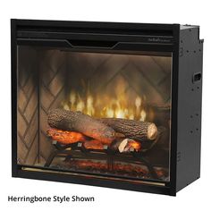 an electric fireplace with logs and flames