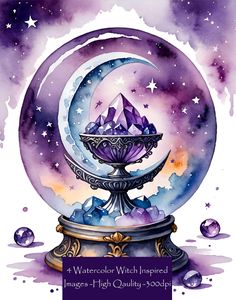 a watercolor drawing of a crystal ball with the moon and stars in it on top