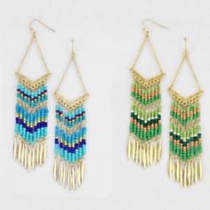 Brand New With Out Tags Perfect Condition No Defects 2 Pairs Of Bohemian Chic Beaded Dangle Earrings 3” Long Hook Ear Wires For Pierced Ears Gold And Green Gold & Blue You Will Receive 2 Pairs Msrp $78/Each Smoke Free Pet Free Home See My Other Listings For More Colors And Individual Pairs. Bohemian Blue Earrings With Gold Beads, Summer Chandelier Earrings With Dangling Beads, Summer Chandelier Dangle Earrings With Beads, Summer Chandelier Dangle Earrings With Dangling Beads, Summer Chandelier Dangling Bead Earrings, Blue Beaded Earrings With Gold Beads For Festivals, Summer Beaded Chain Earrings, Bohemian Blue Tassel Chandelier Earrings, Blue Bohemian Tassel Earrings With Dangling Beads