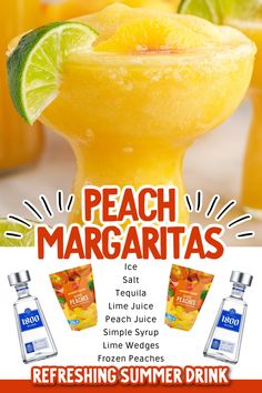 A tall glass of Peach Margaritas with the ingredients needed. Moonshine Drinks, Margarita Ville, Peach Margarita Recipes, Peach Margaritas, Best Sangria Recipe, Peach Margarita, Peach Drinks, Vegan Cheese Recipes, Lemonade Cocktail