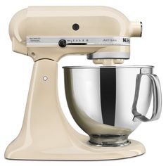 an image of a cream colored mixer on a white background with the words kitchen aid written below it