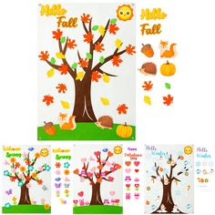 the fall tree bulletin board is shown in four different colors