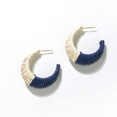 IVORY NAVY RAFFIA WRAPPED HOOP EARRINGS Earrings Raffia Earrings, Wrapped Hoop Earrings, Ivory Earrings, Brass Hoops, Boho Accessories, Sun Exposure, Office Attire, Earring Sale, On Vacation