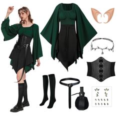 a woman is dressed in black and green with accessories including boots, belted skirt, corset