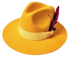 Wool felt fedora with satin lining, grosgrain fabric band and hat pin Material:100% Wool Felt Sizes: M/L and L/XL Brim: 3.5" Stiff Brim Satin Lining Hat Pin Tuscany Yellow, Dressy Style, Mens Fedora, Yellow Hat, Head Shots, Felt Fedora, Dressy Fashion, Hat Box, Hat Pin