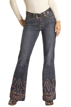 Introducing the Panhandle Slim® Women's Rock & Roll Dark Wash Embroidered Hem Denim Jeans! Crafted with a relaxed fit, mid rise, and 22.25" leg opening, these jeans offer maximum style and comfort. Boasting a dark wash and western embroidered flare, these jeans are made from a durable 98% cotton, 2% spandex blend. Country Apparel, Kids Jeans Boys, Mens Stretch Jeans, Womens Stretch Jeans, Womens Boyfriend Jeans, Womens Flare Jeans, Embroidered Hem, Womens Cropped Jeans, Western Jeans