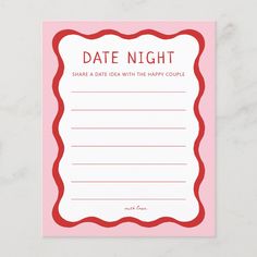 a pink and red card with the words date night written on it in white ink