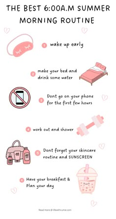 Want to become that girl this summer? Here is a great morning routine you can follow. Aesthetic morning routine, morning routine checklist, morning routine tiktok Morning Wellness Routine, Summer Morning Routine, Morning And Night Routine, Morning Routines List, Aesthetic Morning Routine, Morning Night Routine, Girl Morning Routine, Perfect Morning Routine, Perfect Routine