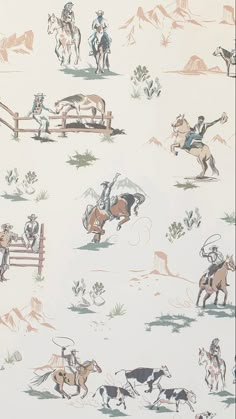 a wallpaper with cowboys and horses on it's white background is featured in this image