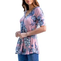 Perfect for any occasion, this stylish rose floral print tunic top is a must have for any wardrobe. Featuring a tastefull v shaped neckline with a three button detail, elbow length sleeves, and a flattering flared swing shape. Pair this top with slacks and a blazer for a stylish professional look or dress it down with shorts and slides. Made in the United States - US from a comfortable stretch material. Polyester Spandex Knit. Color: Multicolor. Gender: female. Age Group: adult. Chic Floral Print Top With Split Neck, Feminine Floral Print Top With Split Neck, Pink Floral Print Blouse With Split Neck, Pink Floral Print Split Neck Blouse, Pink Split Neck Blouse With Floral Print, Spring Floral Print Top With Split Neck, Spring Floral Print Split Neck Top, Casual Pink Tops With Split Neck, Feminine Spring Tops With Split Neck