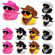 several different colored ducks wearing hats and sunglasses