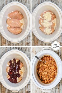 four pictures showing the steps to make an appetizing dish with meat, cheese and cranberry sauce